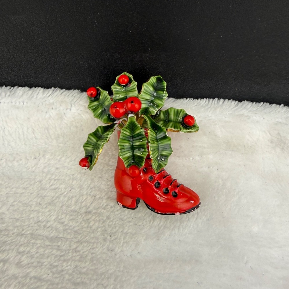 Vintage‎ Original by Robert Brooch Red Green Holiday Enamel Boot Holly 2in - Picture 2 of 9